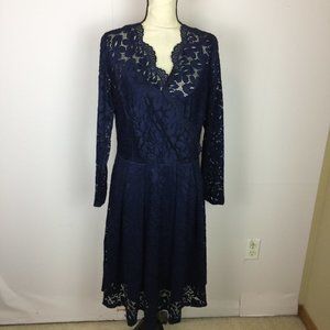New! Miss May Retro Fit & Flare Dress XL Navy Blue Lace Long Sleeve V-Neck
